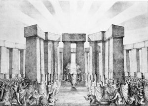 Druïden offeren aan de zon in hun tempel genaamd Stonehenge, van een plan van Stonehenge door Dr. Stukeley in het Ashmolean Museum, Oxford, gegraveerd en gepubliceerd door de kunstenaar